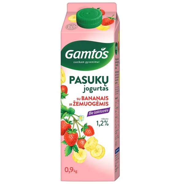 Pasukų jogurtas GAMTOS su bananais ir žemuogėmis, be laktozės, 1,2 % rieb., 900 g