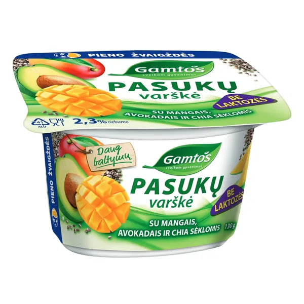 Pasukų varškė be laktozės su mangais, avokadais ir ispaninio šalavijo sėklomis GAMTO, 2,3 % riebumo, 130 g
