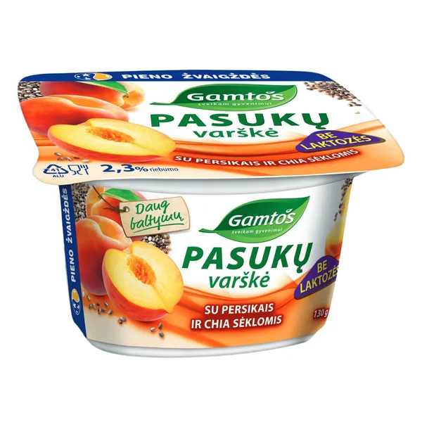 Pasukų varškė be laktozės su persikais ir ispaninio šalavijo sėklomis GAMTOS, 2,3 % riebumo, 130 g