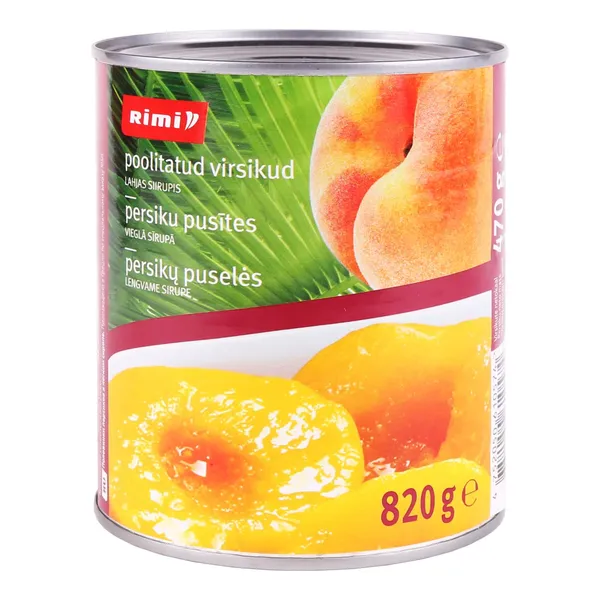 Persikų puselės lengvame sirupe RIMI, 820 g / 470 g