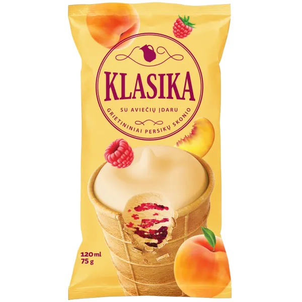 Grietininiai persikų skonio ledai su aviečių įdaru vafliniame puodelyje KLASIKA, 120 ml / 75 g
