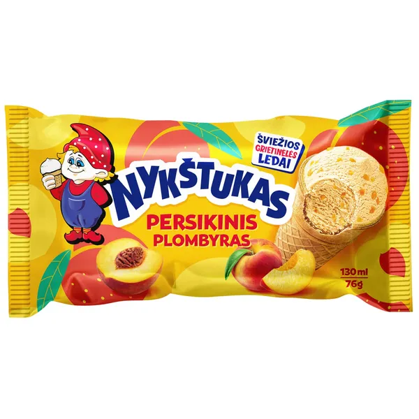 Persikų skonio plombyras NYKŠTUKAS, su persikų įdaru vafliniame puodelyje, 130 ml / 76 g