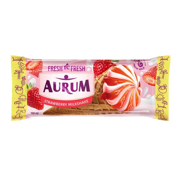 Pieniški, braškiniai valgomieji ledai su tropinių vaisių įdaru AURUM, 150 ml / 98 g