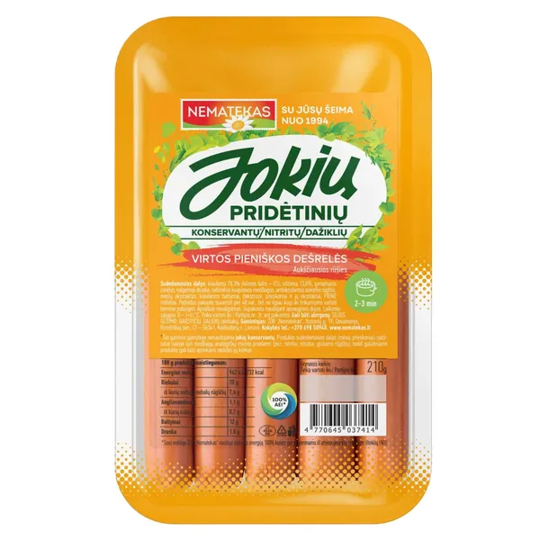 Virtos pieniškos JOKIŲ PRIDĖTINIŲ E dešrelės NEMATEKAS, a. r., 210 G