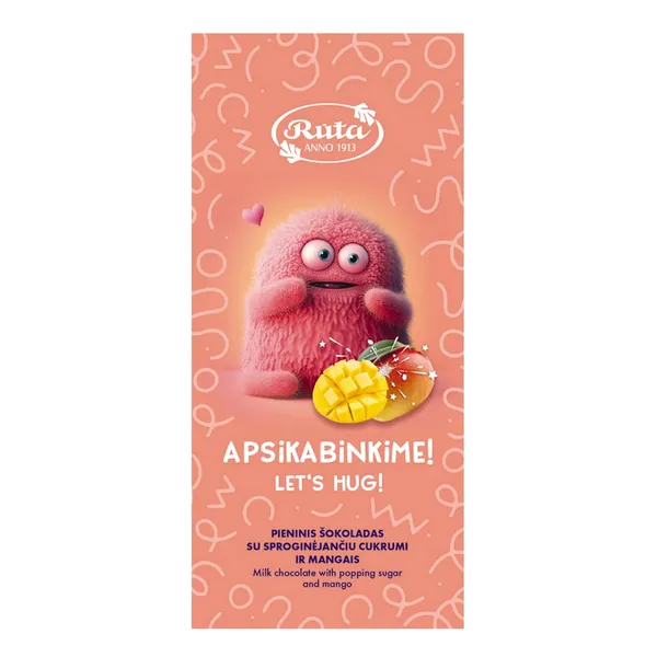 Pieninis šokoladas su sproginėjančiu cukrumi ir mangais BUMČIAI APSIKABINKIME!, 70 g