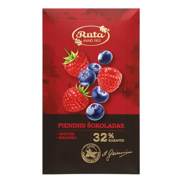 Pieninis šokoladas RŪTA su avietėmis ir mėlynėmis, 90 g