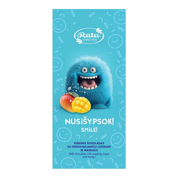 Pieninis šokoladas su sproginėjančiu cukrumi ir mangais RŪTA Bumciai. NUSIŠYPSOK! 70 g