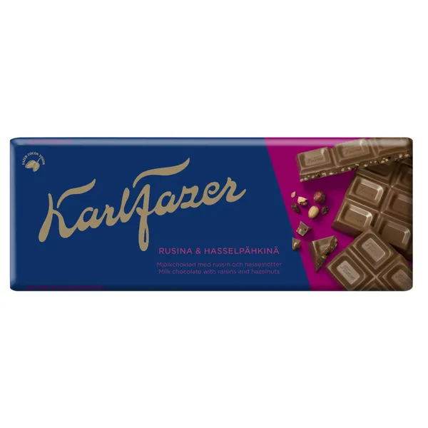 Pieninis šokoladas su razinomis ir lazdyno riešutais KARL FAZER, 180 g