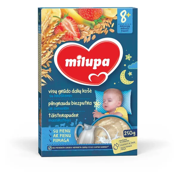 Pilno grūdo pieniška košė su braškėmis MILUPA, nuo 8 mėn, 250 g