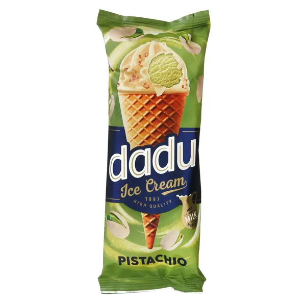 Pistacijų valgomieji ledai vafliniame ragelyje su baltu glaistu ir vaflių traškučiais DADU, 150 ml / 90 g