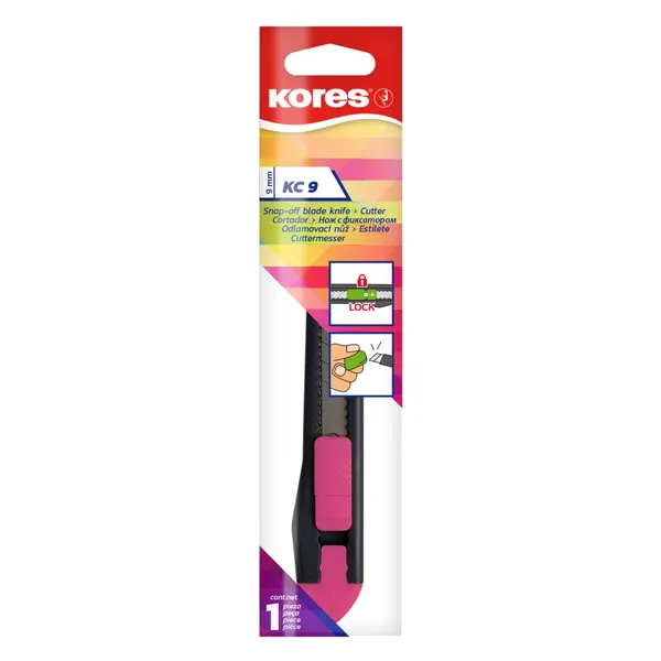 Plastikinis peilis KORES KC9, su rankiniu fiksatoriumi, neoninių spalvų, 9 mm