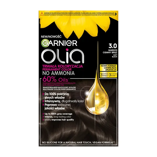 Ilgalaikiai plaukų dažai GARNIER OLIA, aliejaus pagrindu, be amoniako, 3.0, 1 vnt.