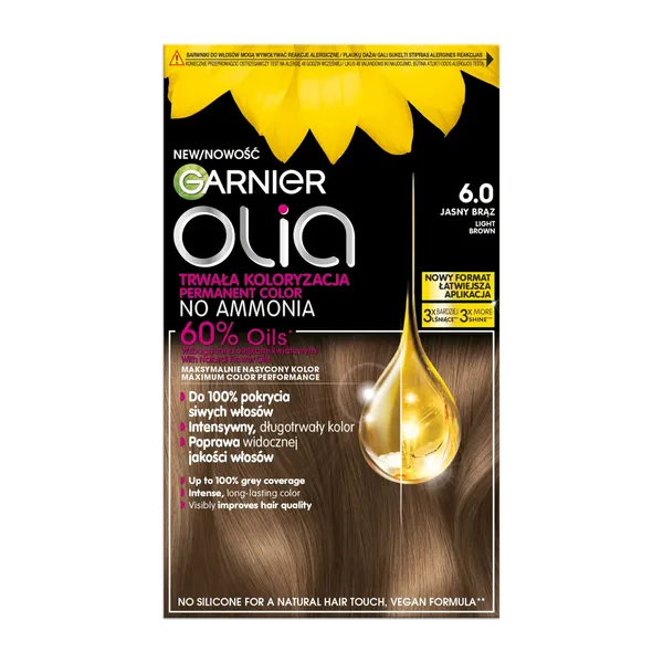 Ilgalaikiai plaukų dažai GARNIER OLIA, aliejaus pagrindu be amoniako, 6.0, 1 vnt.