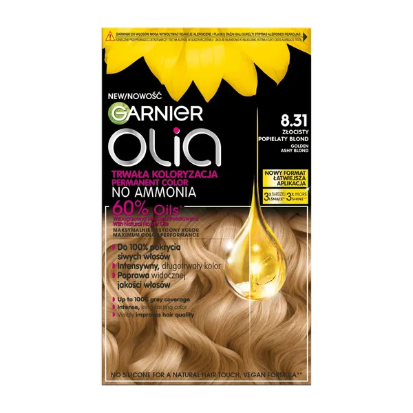 Ilgalaikiai plaukų dažai GARNIER OLIA, aliejaus pagrindu, be amoniako, 8.31, 1 vnt.