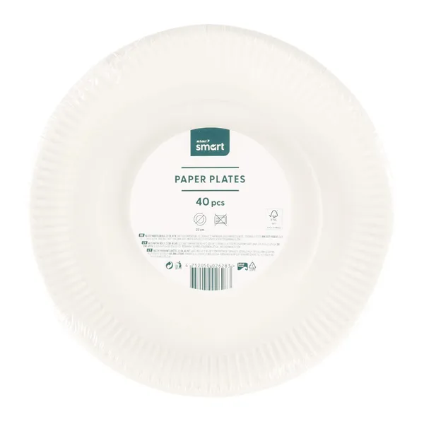Baltos popierinės lėkštės RIMI SMART, 23cm, 40 vnt.