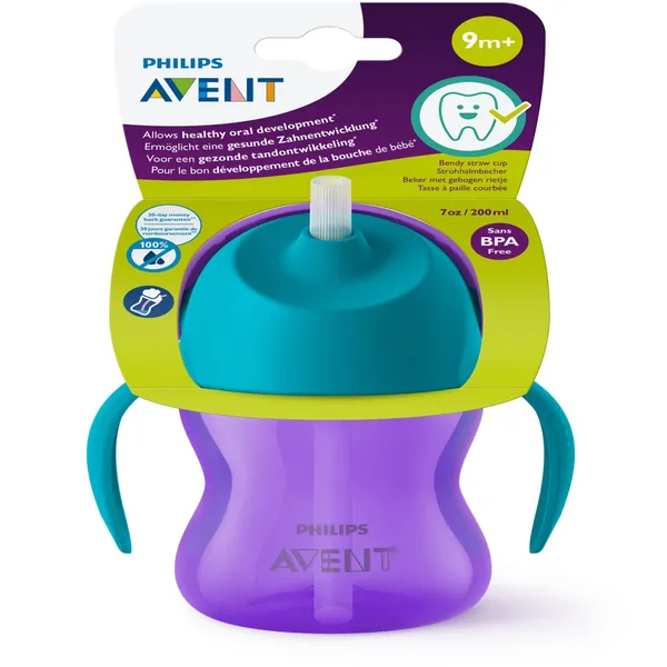 Puodelis su šiaudeliu PHILIPS AVENT 200ml 9mėn., alyvinės sp., 1 vnt