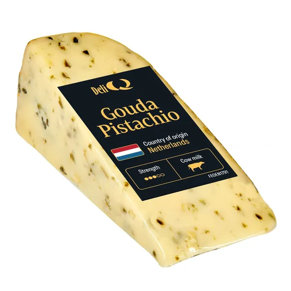 Puskietis fermentinis brandintas sūris su pistacijomis DELI Q GOUDA, 50 % rieb., 1 kg