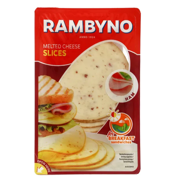 Lydytas sūris RAMBYNO, su kumpiu, pjaustytas, 45%, 150g