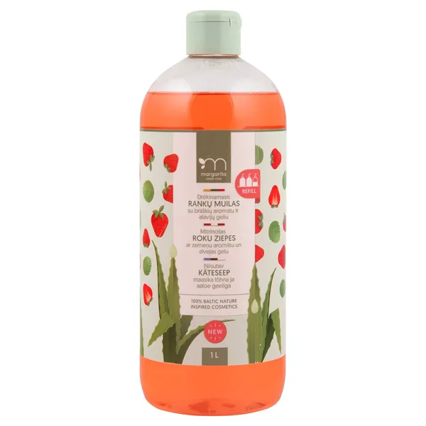 Drėkinamojo rankų muilo su braškių aromatu ir alavijų geliu papildymas MARGARITA, 1l