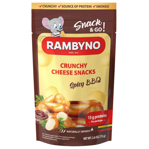 Rūkytas lydytas sūrio užkandis RAMBYNO, BBQ skonio su aitriosiomis paprikomis Chipotle, 45 % rieb., 75 g