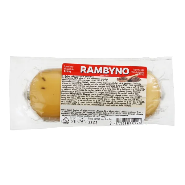 Rūkytas lydytų sūrių produktas RAMBYNO, su kmynais, 45%, 250 g