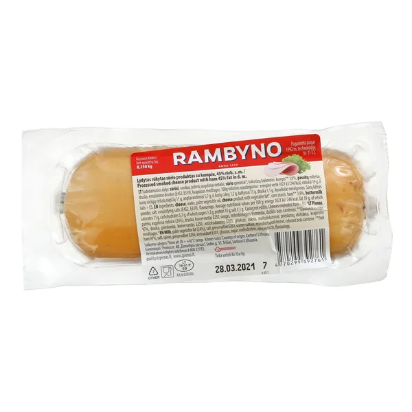 Rūkytas lydytų sūrių produktas su kumpiu RAMBYNO ŽEMAITIJOS PIENAS, 45% riebumo, 250g.s.m