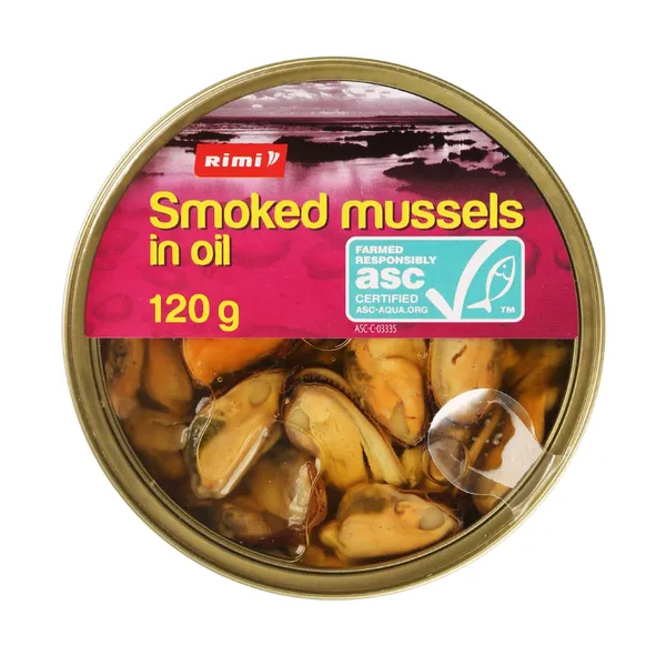 Rūkytos midijos aliejuje RIMI, 120 g / 72 g ASC