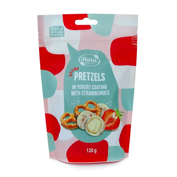 Rutuliukai „Pretzels“ su jogurtiniu glaistu ir braškėmis, 120 g