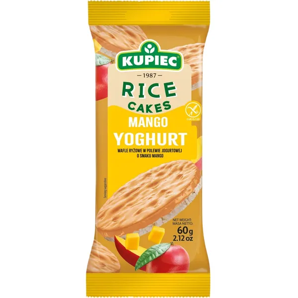 Ryžių trapučiai su mango skonio jogurto glazūra KUPIEC, 60 g