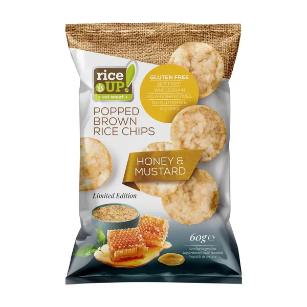 Rudųjų ryžių traškučiai medaus ir garstyčių skonio RICE UP, 60 g