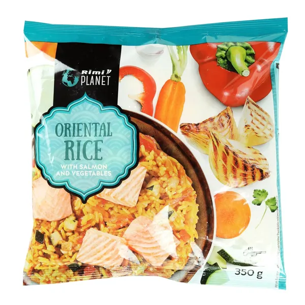 Ryžiai su lašišos kubeliais ir daržovėmis ORIENTAL RIMI, 350 g
