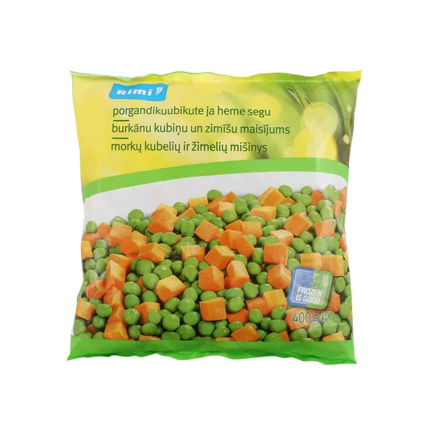 Greitai užšaldytas morkų kubelių ir žirnelių mišinys RIMI, 400 g