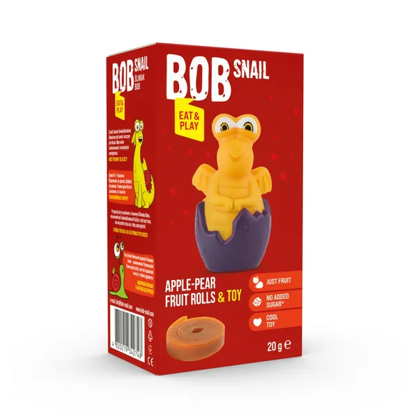 Vaisiniai saldainiai BOB SNAIL, obuolių ir kriaušių skonio, su žaislu, 20 g