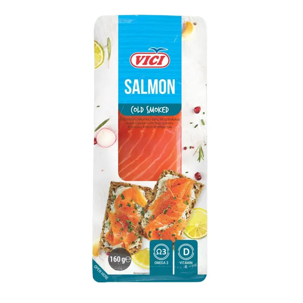 Šaltai rūkyti lašišų filė gabaliukai VIČI, su oda, 160 g