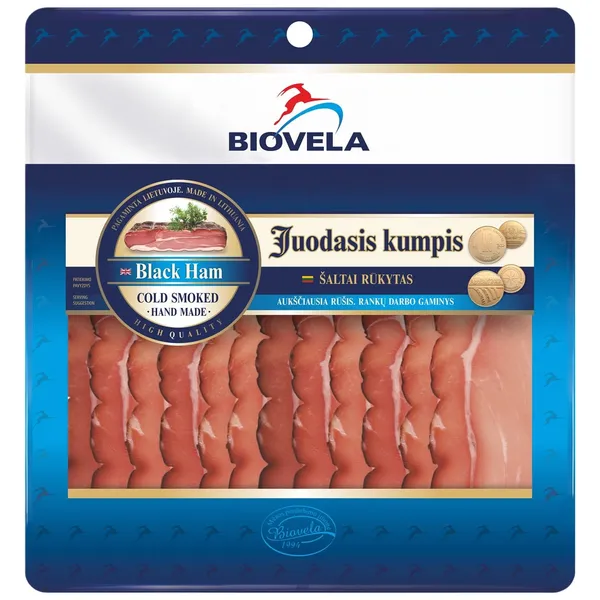 Šaltai rūkytas JUODASIS kumpis BIOVELA, a. r., 110 g