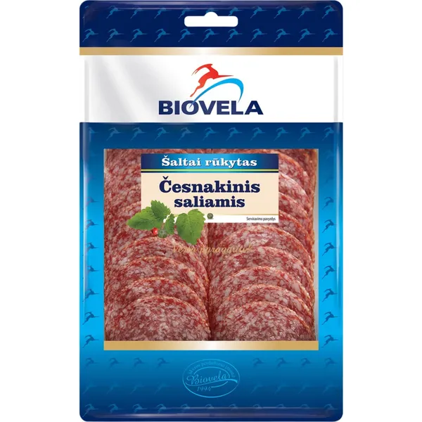 Šaltai rūkytas ČESNAKINIS saliamis, griežinėliais, 110 g