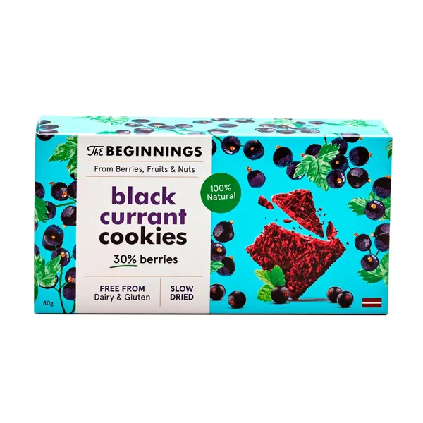 Veganiški sausainiai THE BEGINNINGS, su juodaisiais serbentais, 80 g