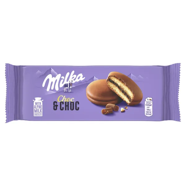 Sausainiai MILKA biskvitiniai su kakaviniu įdaru ir šokolado gabaliukais, 150g