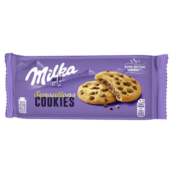 Sausainiai MILKA SENSATIONS su pienininio šokolado įdaru ir gabaliukais, 156 g