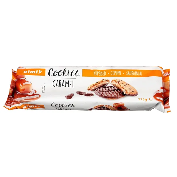 Sausainiai RIMI CARAMEL su karamelės įdaru, pieninio ir juodojo šokolado gabaliukais, 175 g