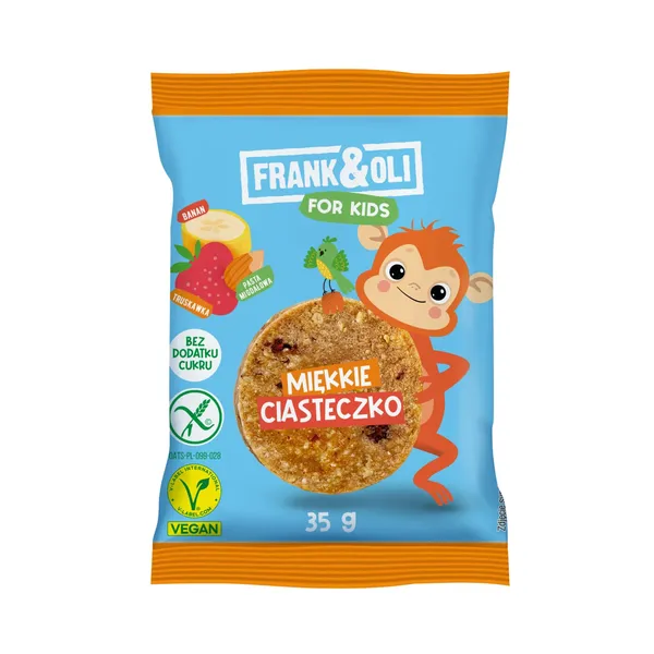 Sausainis su migdolų pasta, džiovintomis braškėmis ir džiovintų bananų tyre FRANK&OLI, 35 g