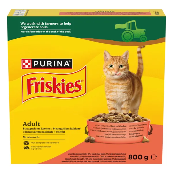 Sausas ėdalas suaugusioms katėms FRISKIES, su jautiena, vištiena, daržovėmis 800 g
