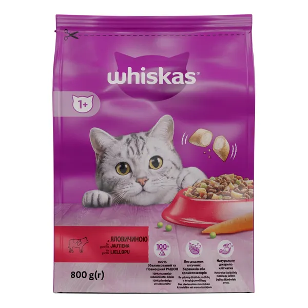 Sausas suaugusių kačių ėdalas WHISKAS su jautiena, 800 g