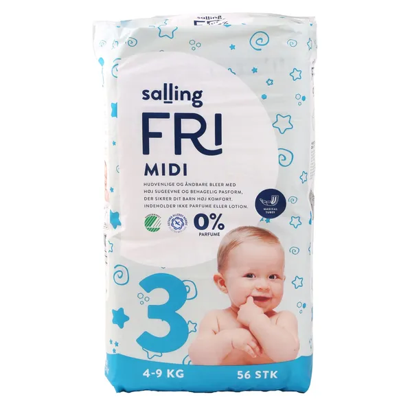 Sauskelnės SALLING FRI MIDI, 3 dydis, 4 – 9 kg, 56 vnt.