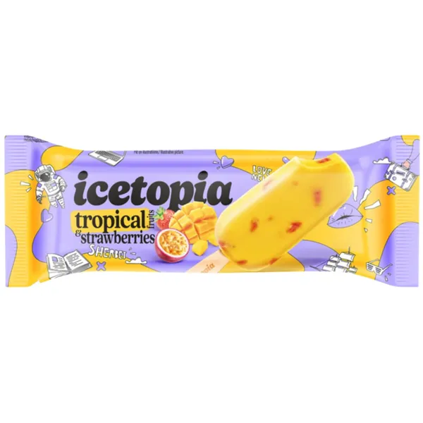 Šerbetas su braškių gabaliukais ICETOPIA TROPICAL, 80 ml