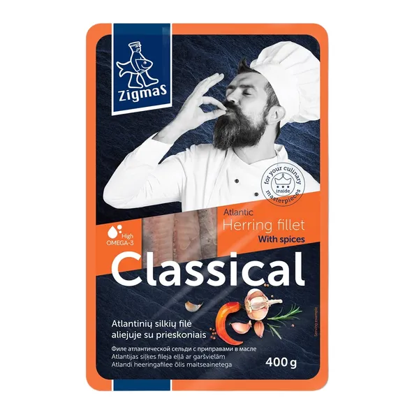 Atlantinių silkių filė aliejuje su prieskoniais ZIGMAS CLASSICAL, 400 g