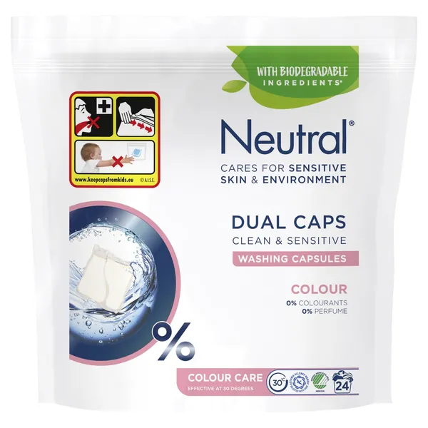 Skalbimo kapsulės NEUTRAL DUO COLOR WASH spalvotiems skalbiniams, 24 vnt.