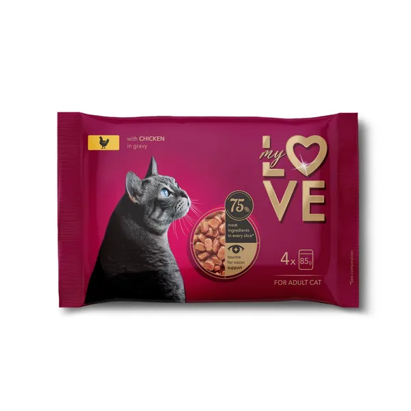 Šlapias kačių ėdalas su vištiena padaže MY LOVE, 4 x 85 g