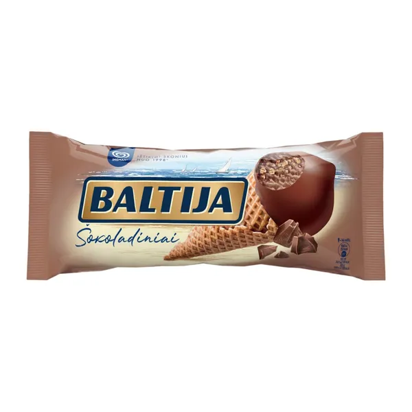 Šokoladiniai valgomieji ledai su vafliniu traškiu įdaru, glaistyti kakaviniu glaistu vafliniame ragelyje BALTIJA, 140 ml / 81 g