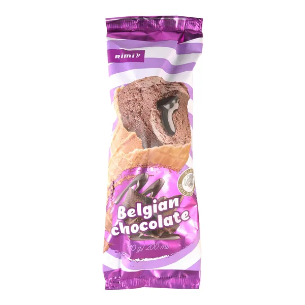 Šokoladiniai valgomieji ledai RIMI su belgiško šokolado įdaru vafliniame ragelyje, 200 ml / 110 g